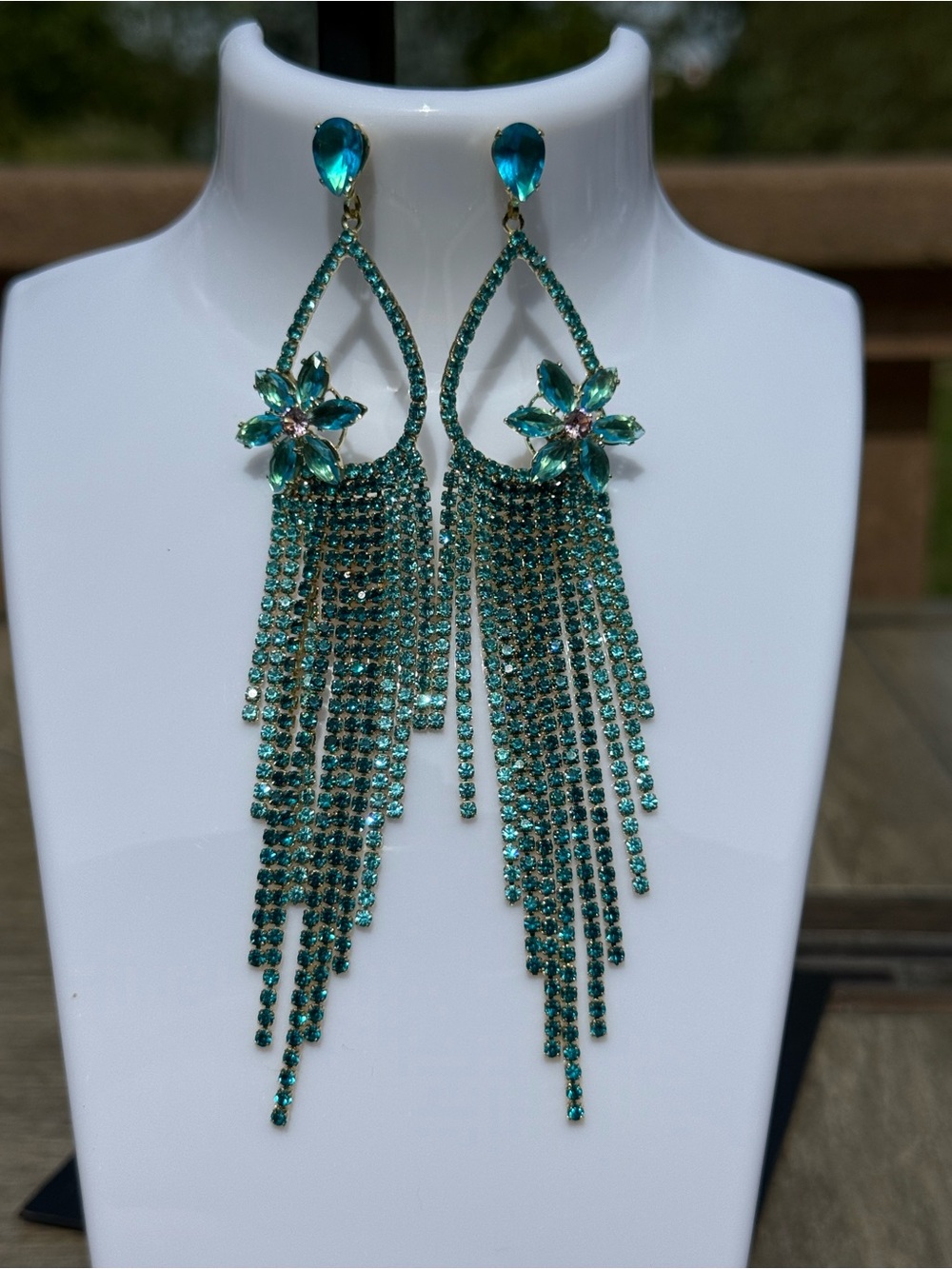 NWT Teal Crystal Fringe Floral Drop Dangle Earrings